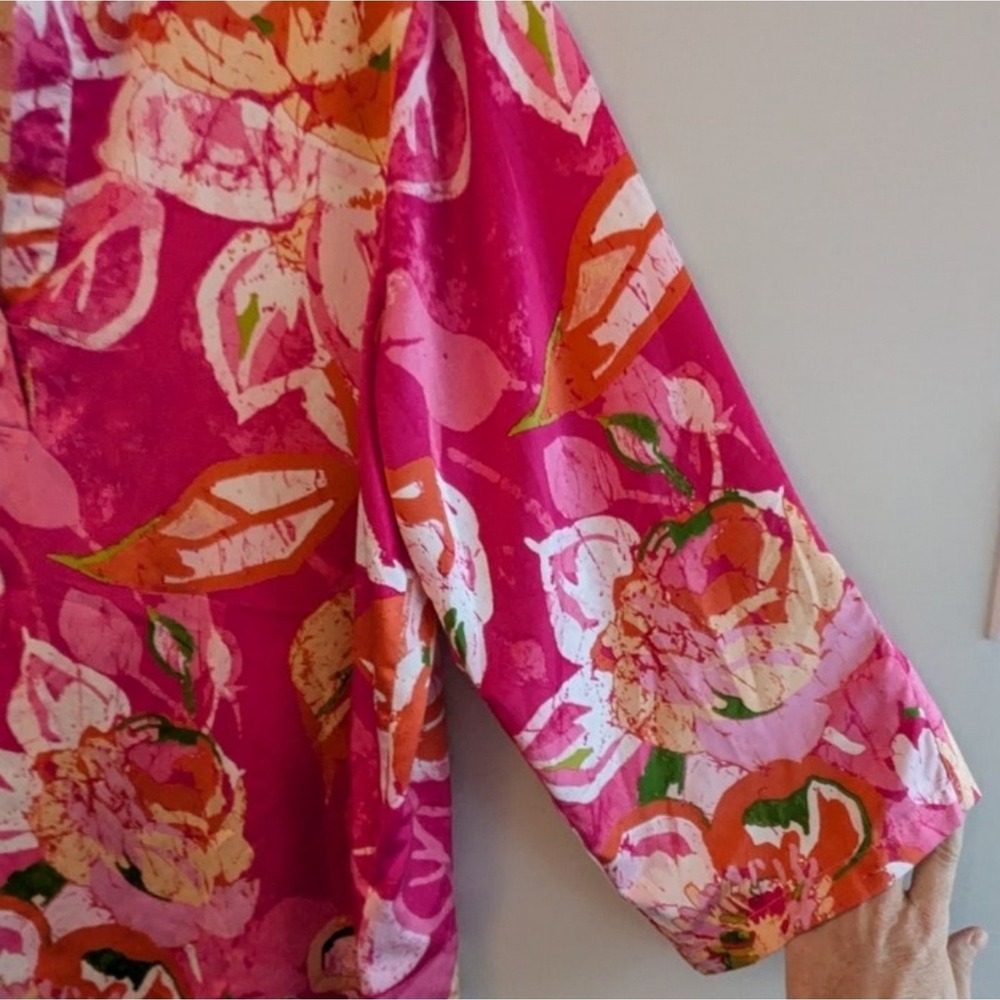 Natori Floral Boho Coastal Elegant V-Neck Blouse Pink Orange Watercolor Bloom - Picture 12 of 16